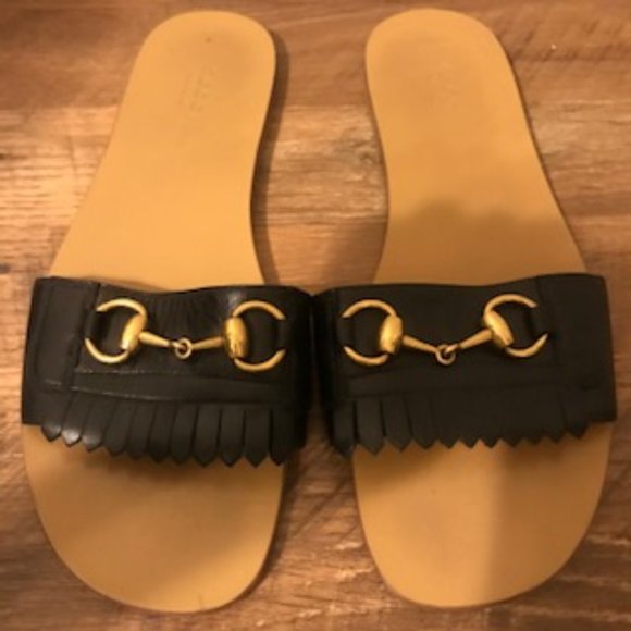 GUCCI Nero Black Leather Fringe Slides 39 - Picture 1 of 4